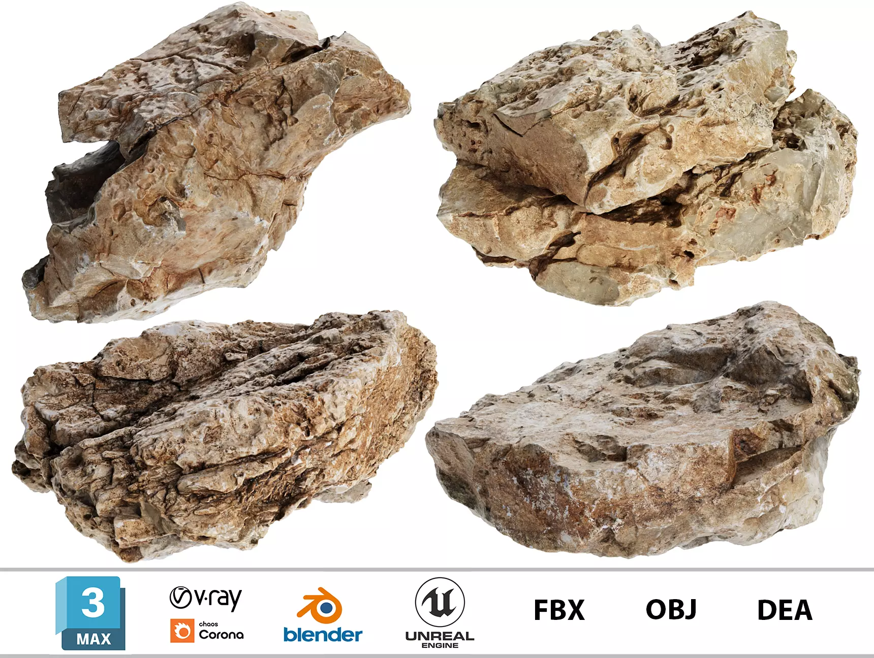 4 Photorealistic PBR Rocks - 360 Degree Scanned - 8K Textures Low-poly 3D model