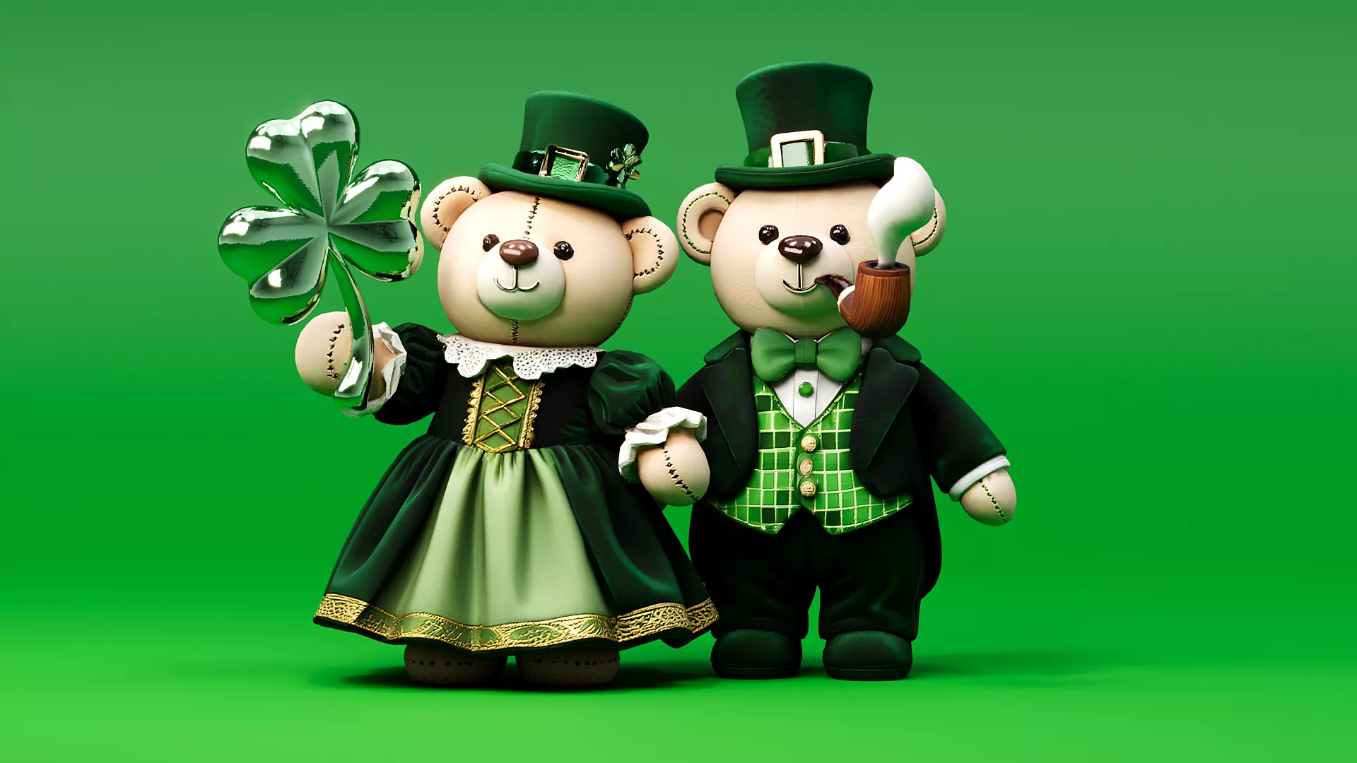 A couple of bears wearing St Patrick Day themed dresses doll 3D model