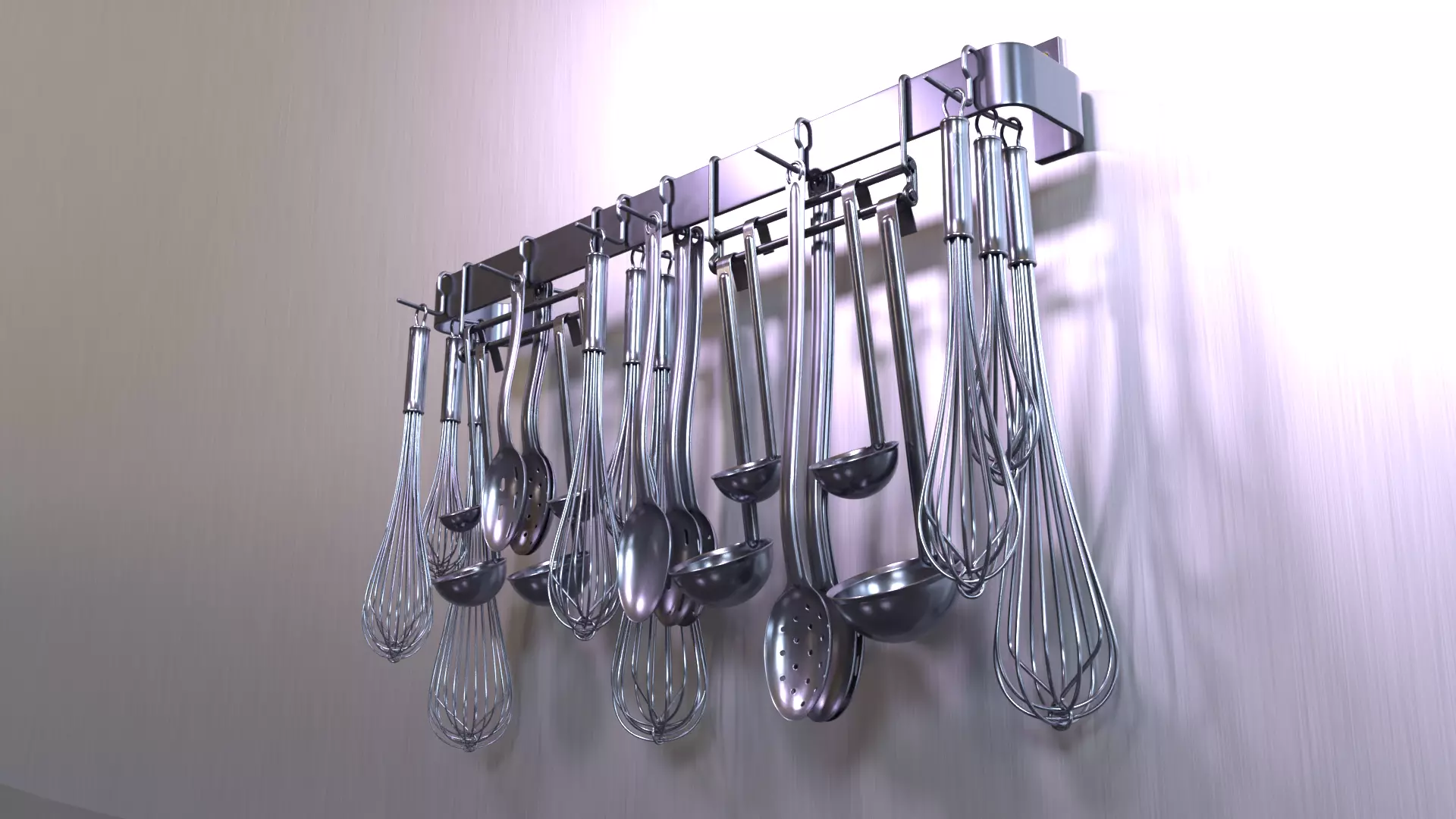 Commercial Cooking Ladles Spoons Whisks on Wall Mounted Rack Low-poly 3D model