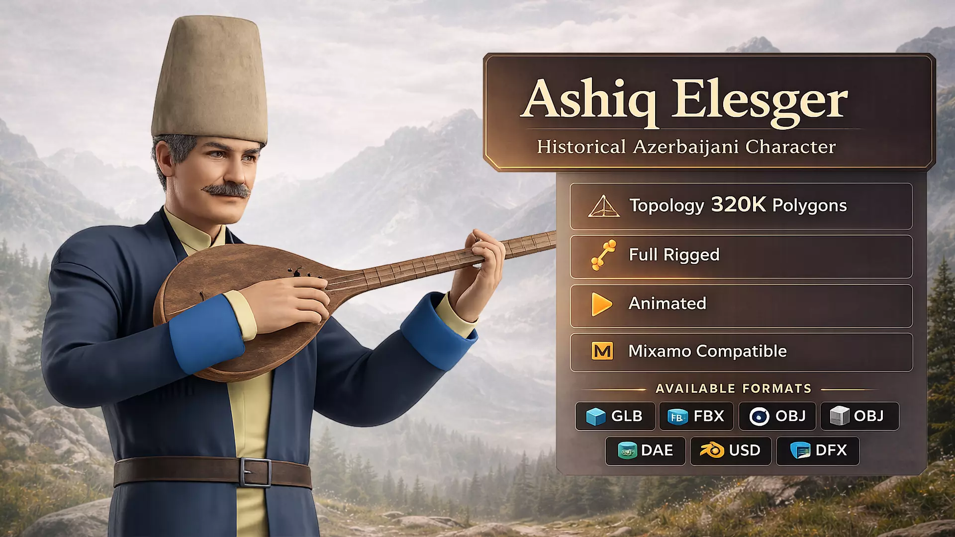 Ashiq Elesger Animated Character Low-poly 3D model
