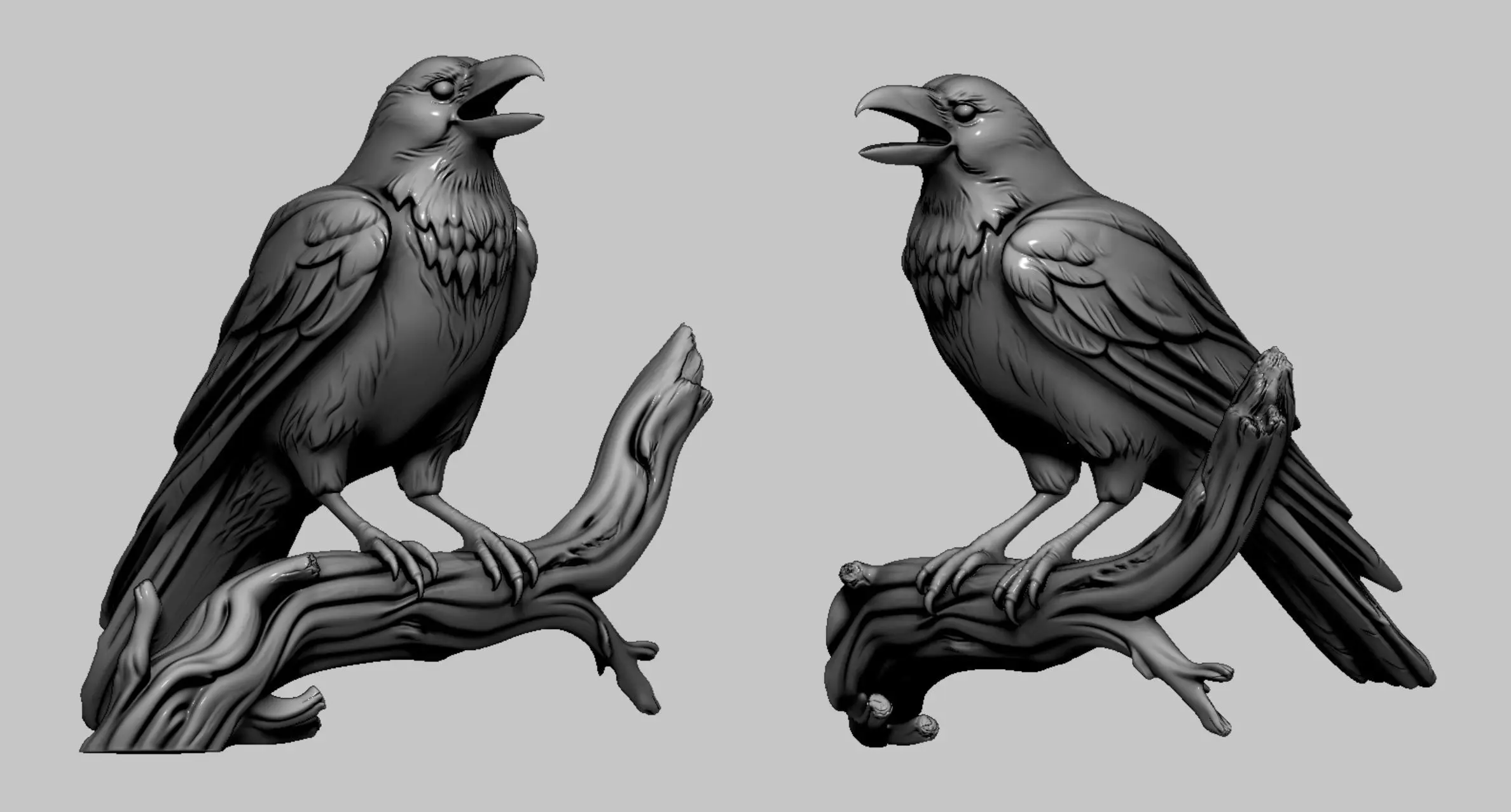 Dual Mount 3D Printable Sculpt of Raven Crow On The Tree Branch 3D print model