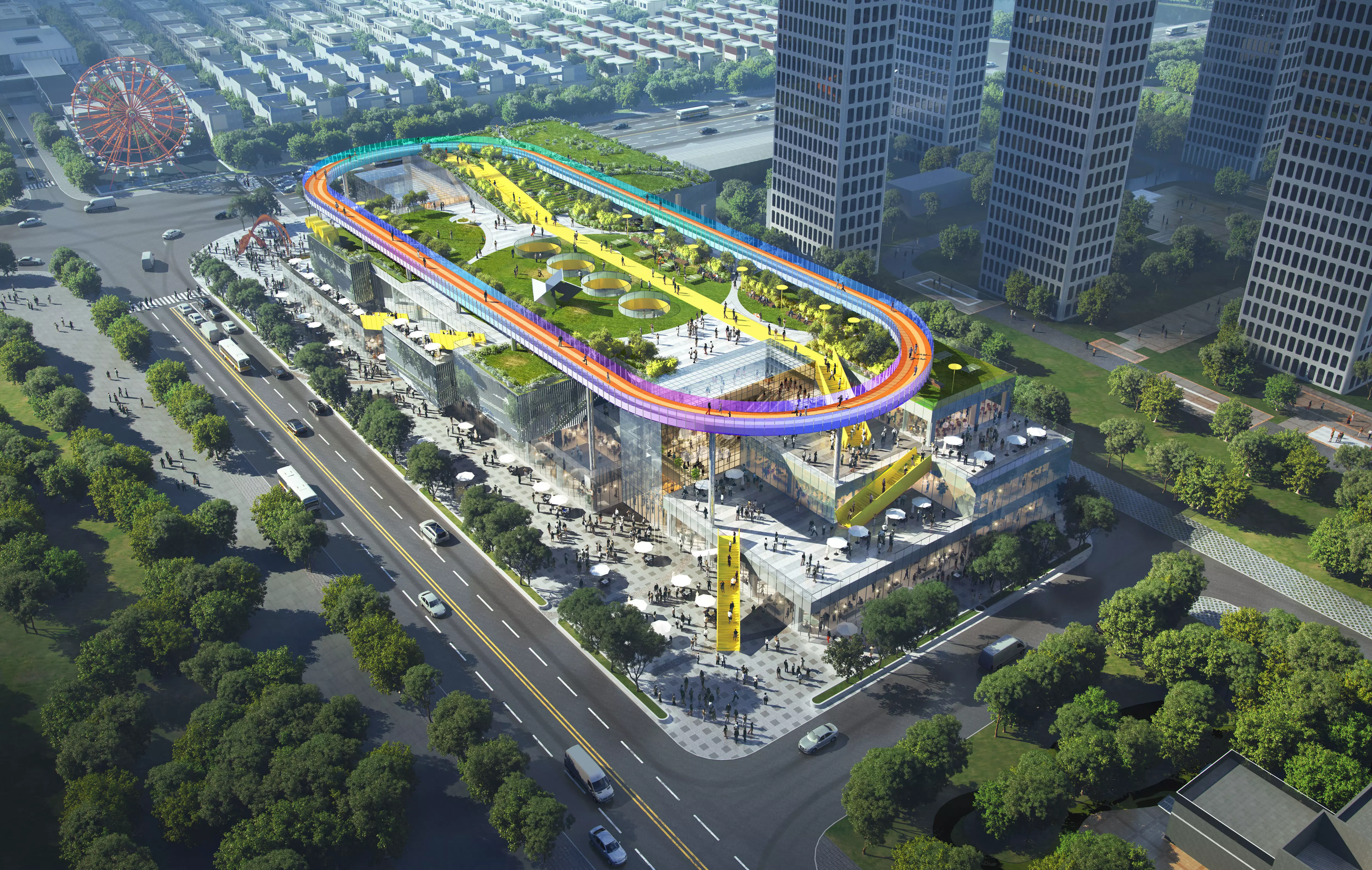 Modern Lifestyle Mall Exterior with Rooftop Track 3D model