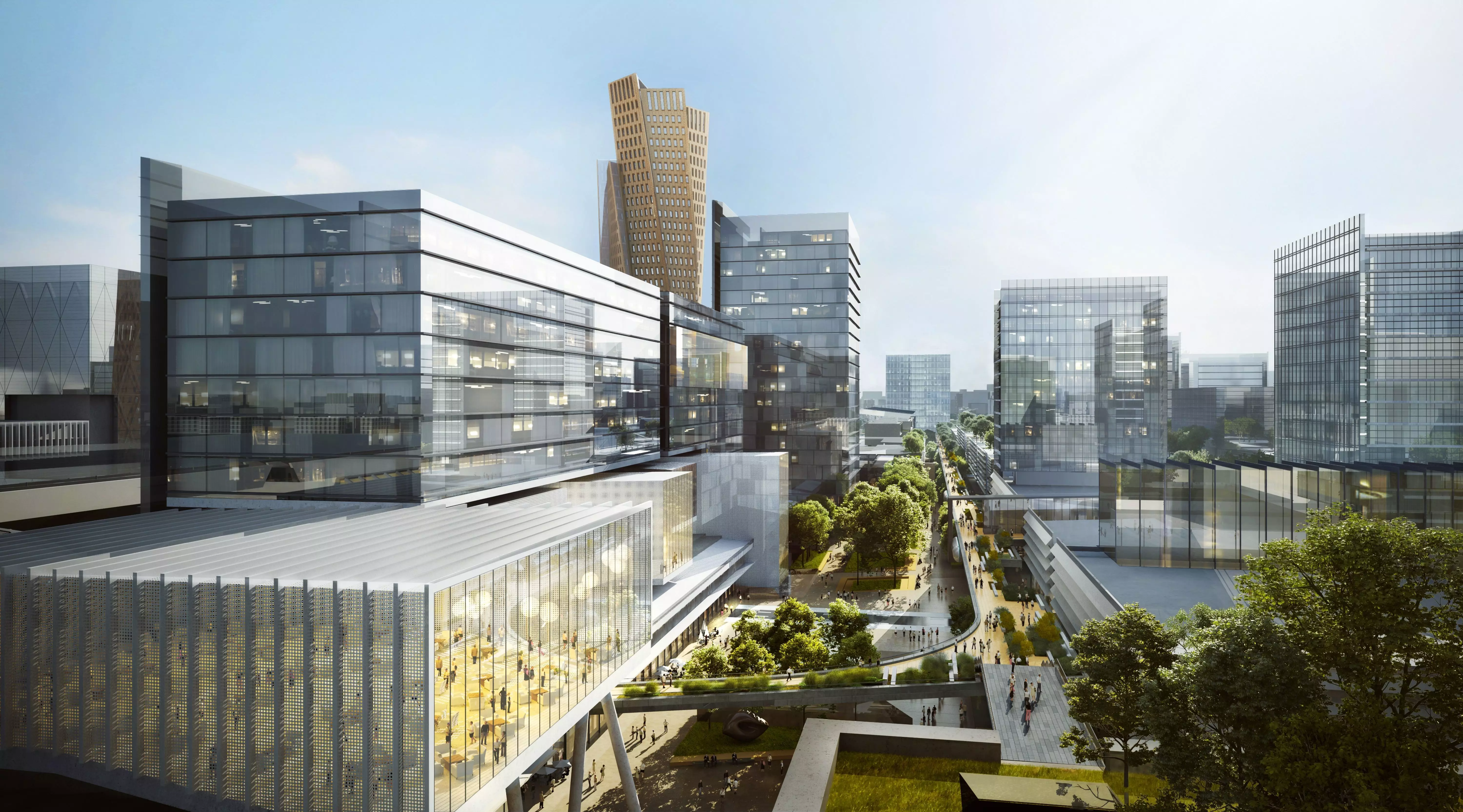 Modern Innovation Campus with Green Spine and Glass Facades 3D model