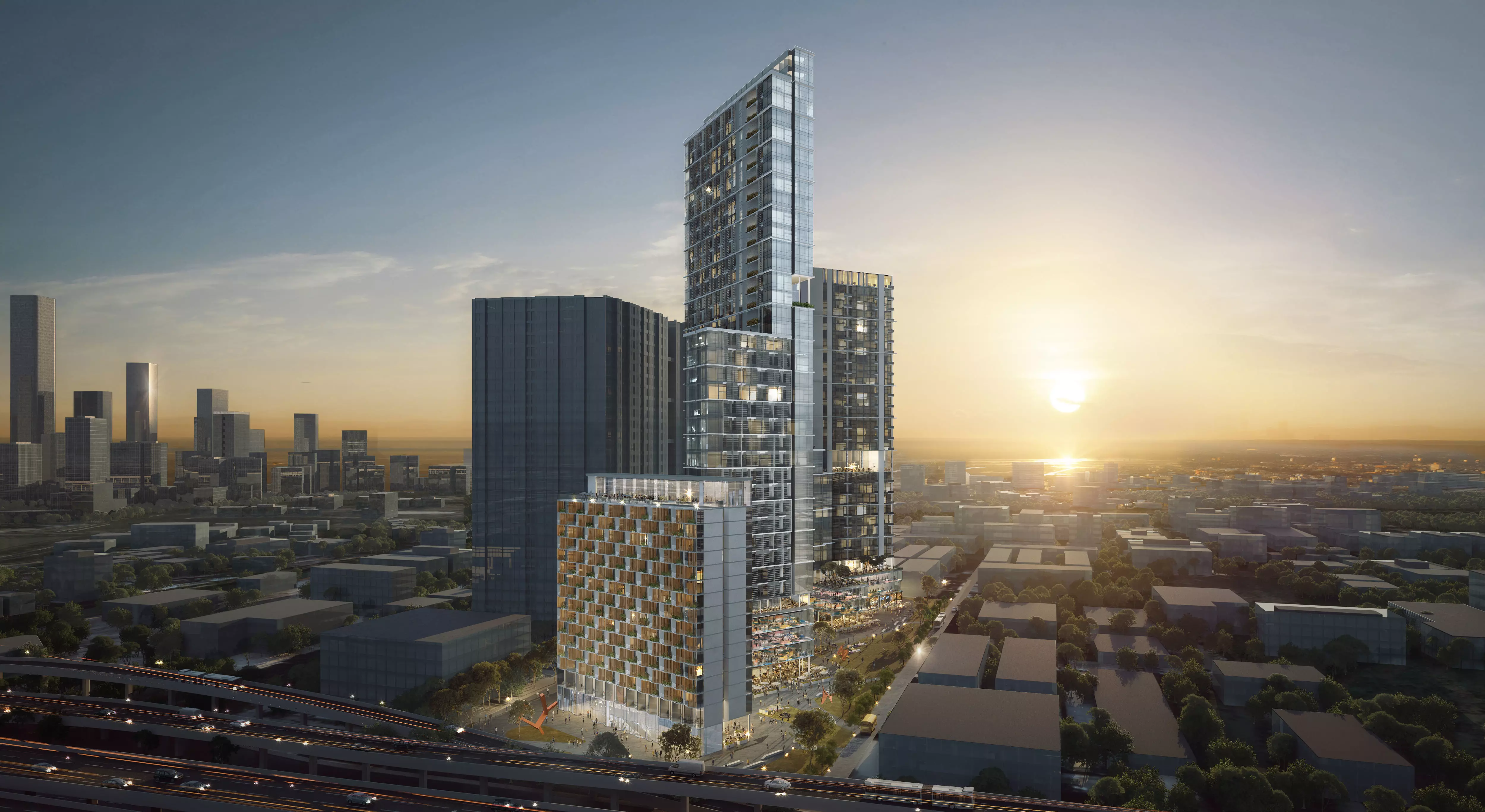 Modern Mixed Use Tower Complex Sunset Exterior 3D model