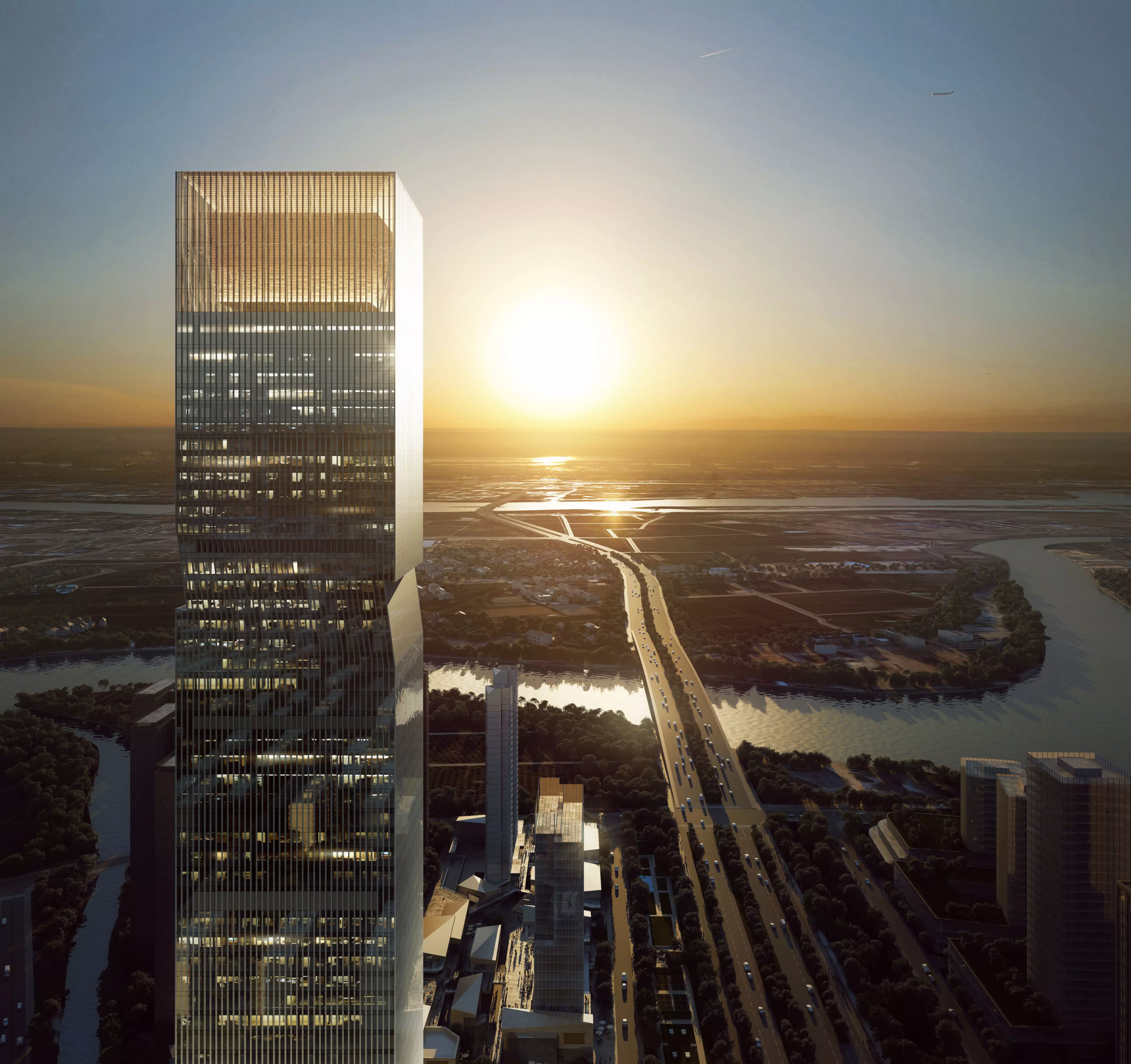 Modern Waterfront Office Tower Aerial Exterior 3D model