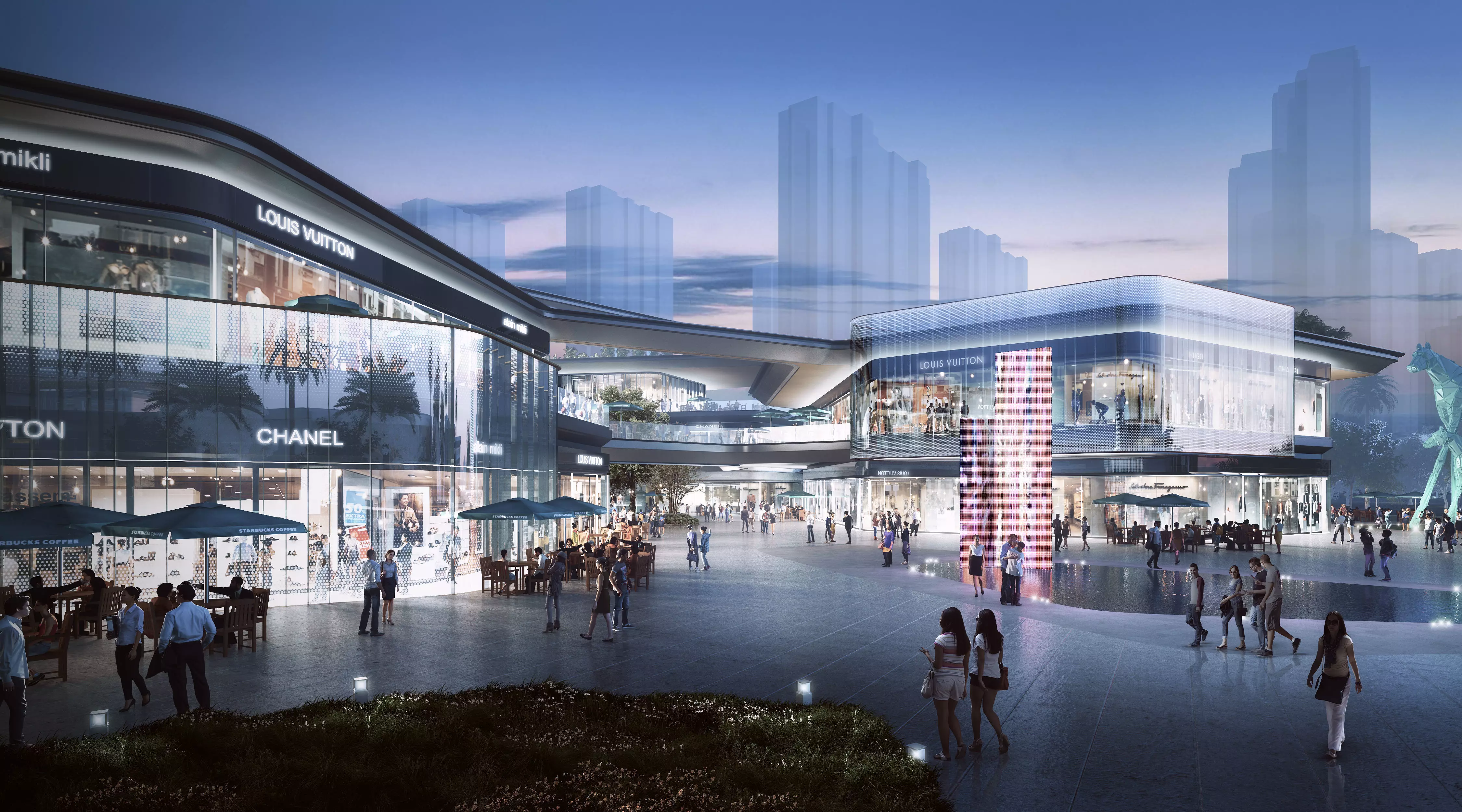 Futuristic Open Air Retail Plaza Night Exterior 3D model