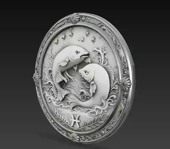 Pisces Zodiac Medallion 3D Model  Fish Astrology Relief