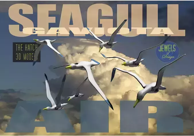 Low Poly Seagull group of birds flying in sky Low-poly 3D model