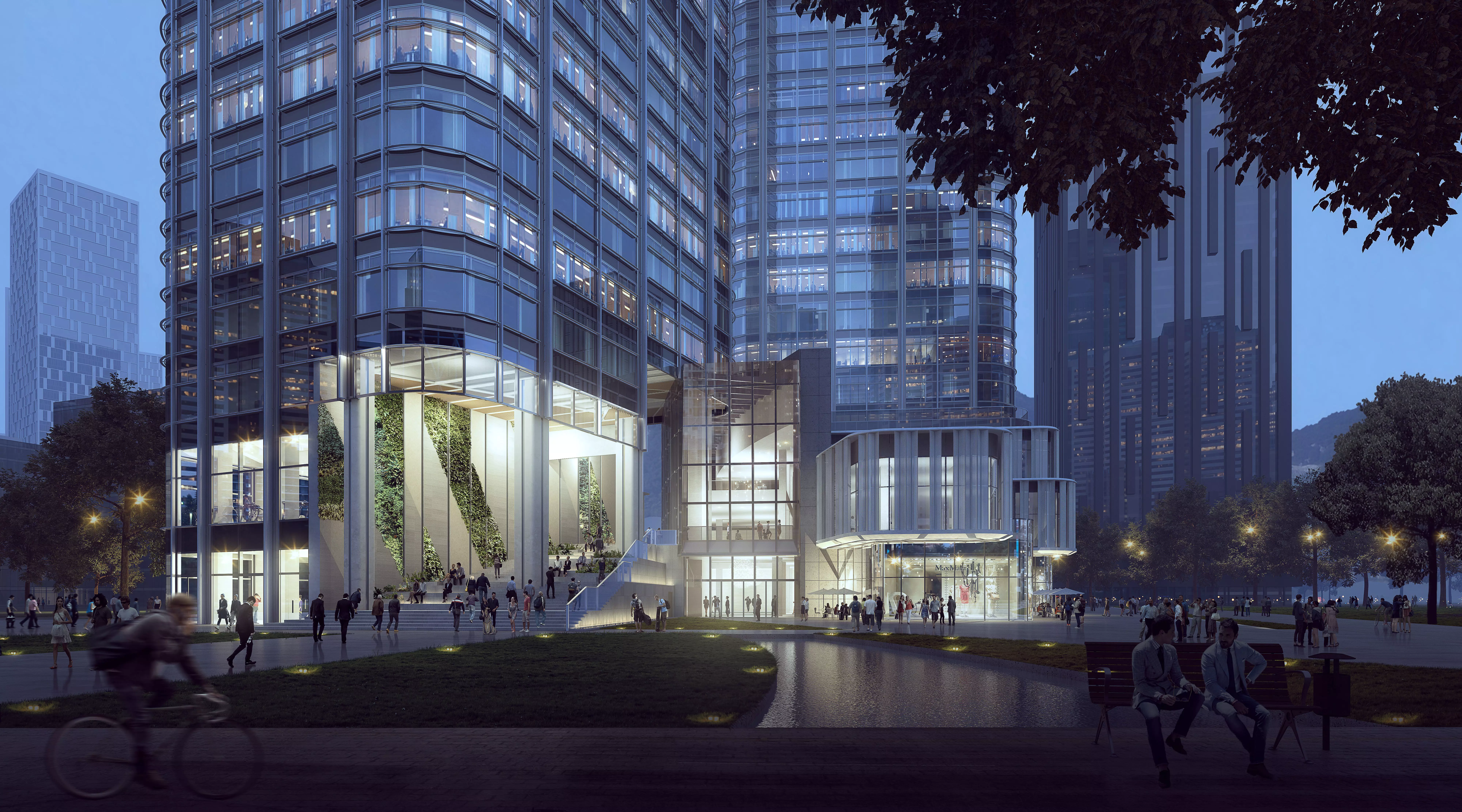 Futuristic Waterfront Commercial Complex with Skyscraper Skyline 3D model