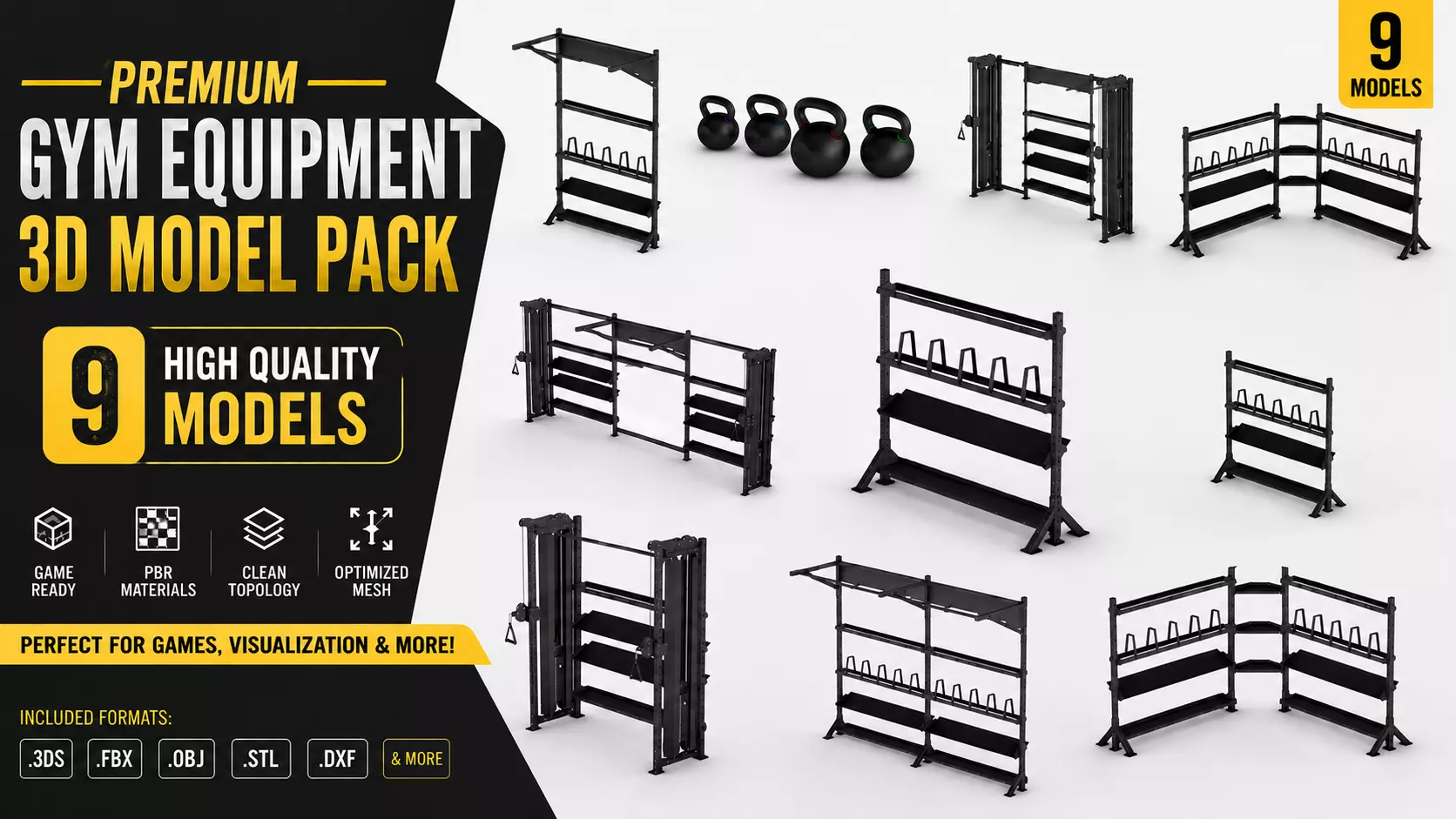 Gym Equipment pack of 9 Low-poly 3D model