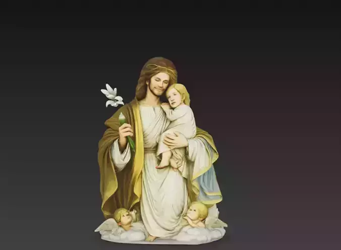 Saint Joseph with Child Jesus Statue 3D Model Catholic Sculpture