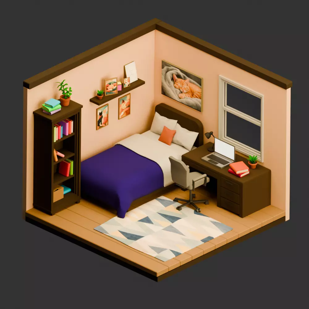 Cozy Low Poly Bedroom Interior -Fully Furnished Stylized Room Low-poly 3D model