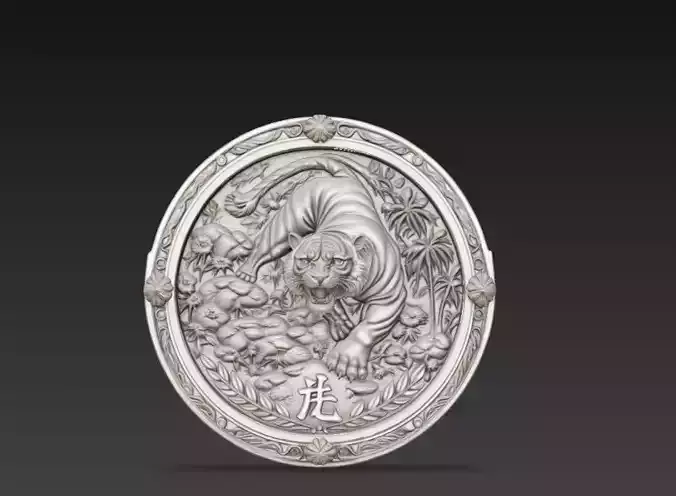 Chinese Zodiac Tiger Coin Relief 3D Model Zodiac Medallion
