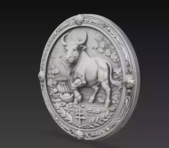 Chinese Zodiac Ox Coin Relief 3D Model Zodiac Medallion