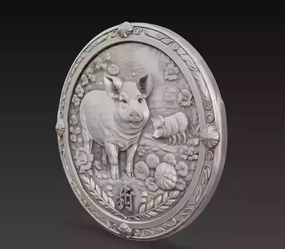 Chinese Zodiac Pig Coin Relief 3D Model Zodiac Medallion