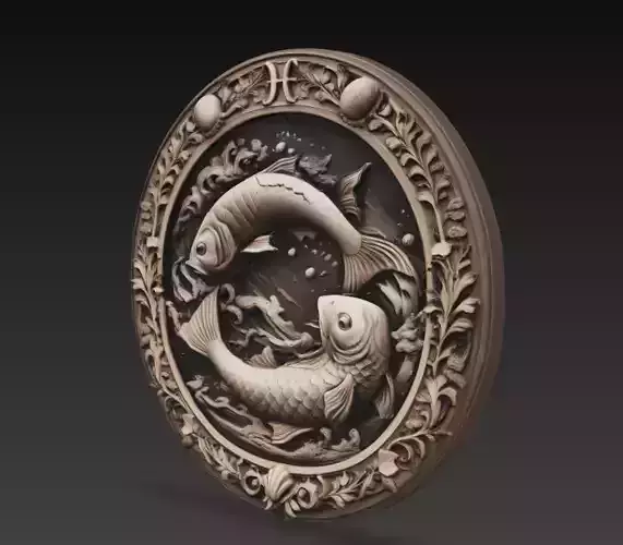 Pisces Zodiac Relief 3D Model Fish Astrology Wall Sculpture
