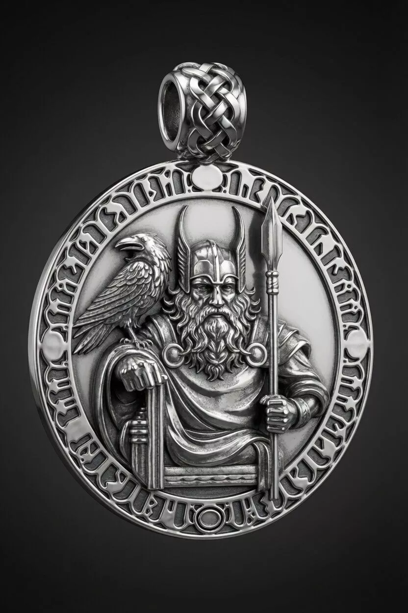 Odin Viking Medallion Pendant with Raven and Gungnir 3D print model