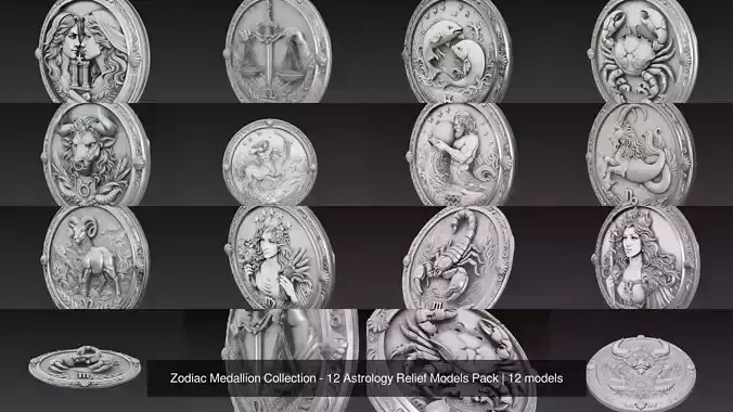 Zodiac Medallion Collection - 12 Astrology Relief Models Pack