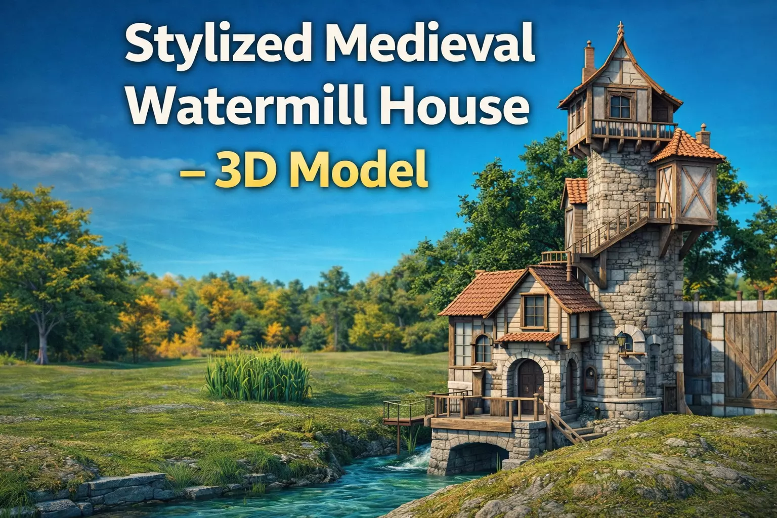 Medieval Watermill House 3D Exterior Model Low-poly 3D model