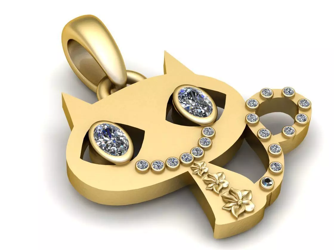 Stylized Cat Silhouette Pendant with Floral and Diamond Accents 3D print model