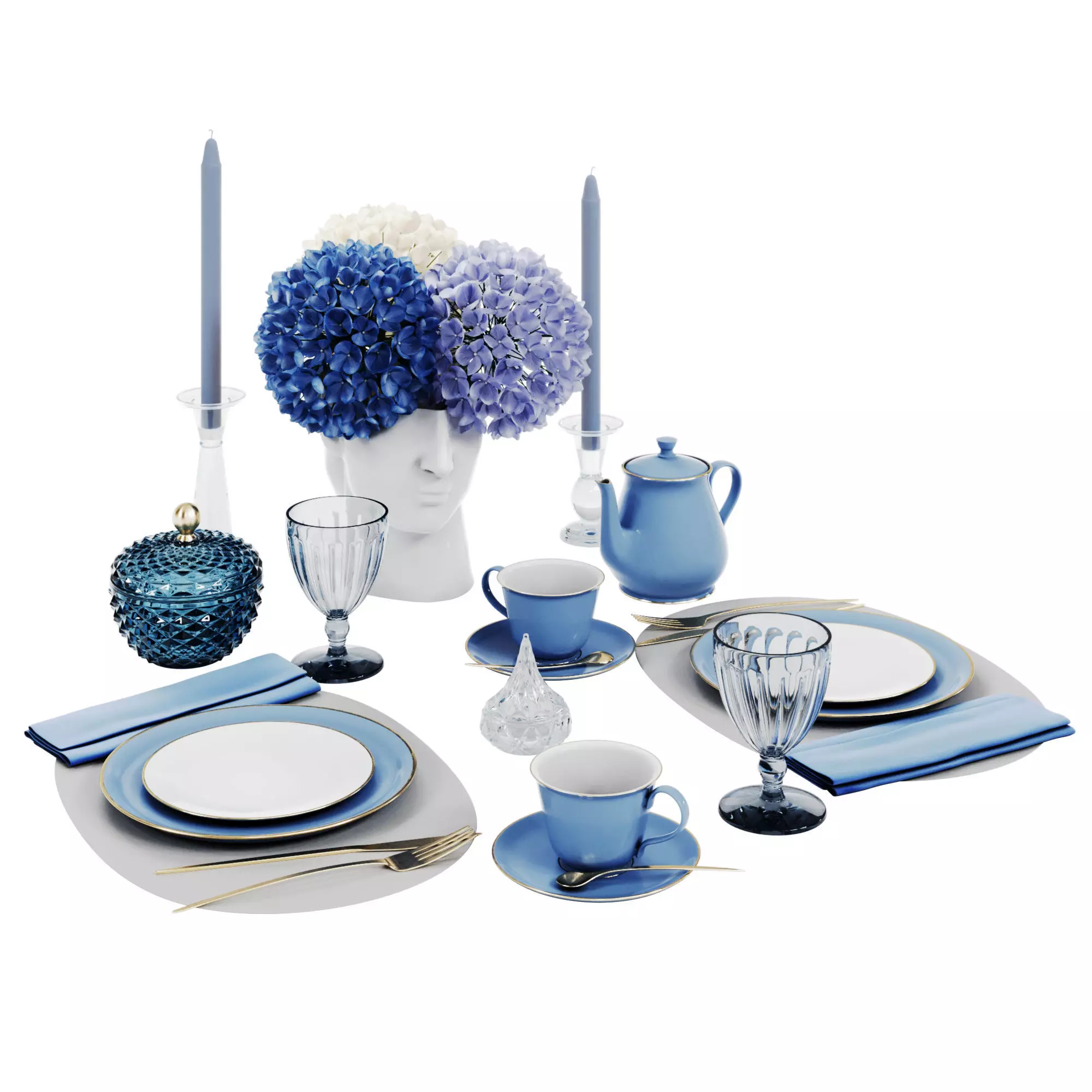 Blue Tea Tableware Set with Hydrangea Vase 3D model