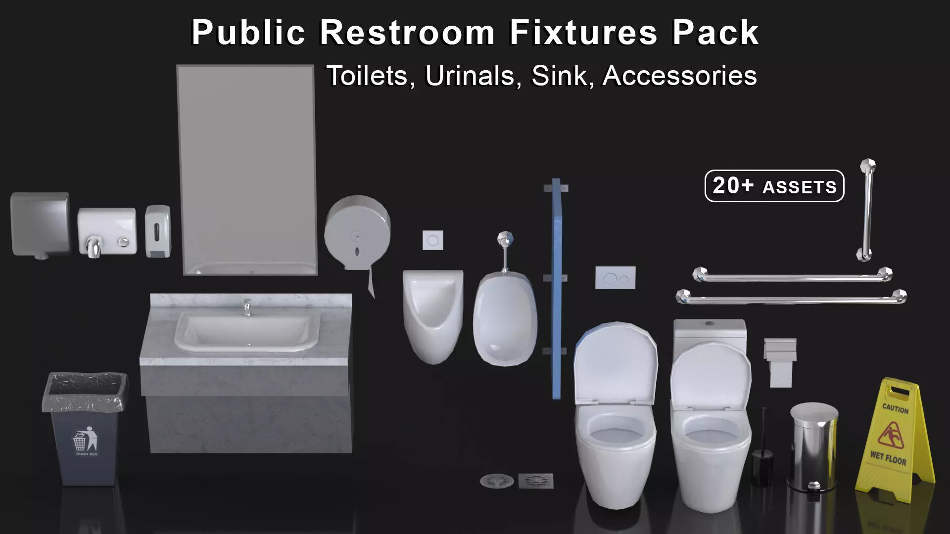 Public Restroom Fixtures Pack Toilets Urinals Sink Accessories Low-poly 3D model