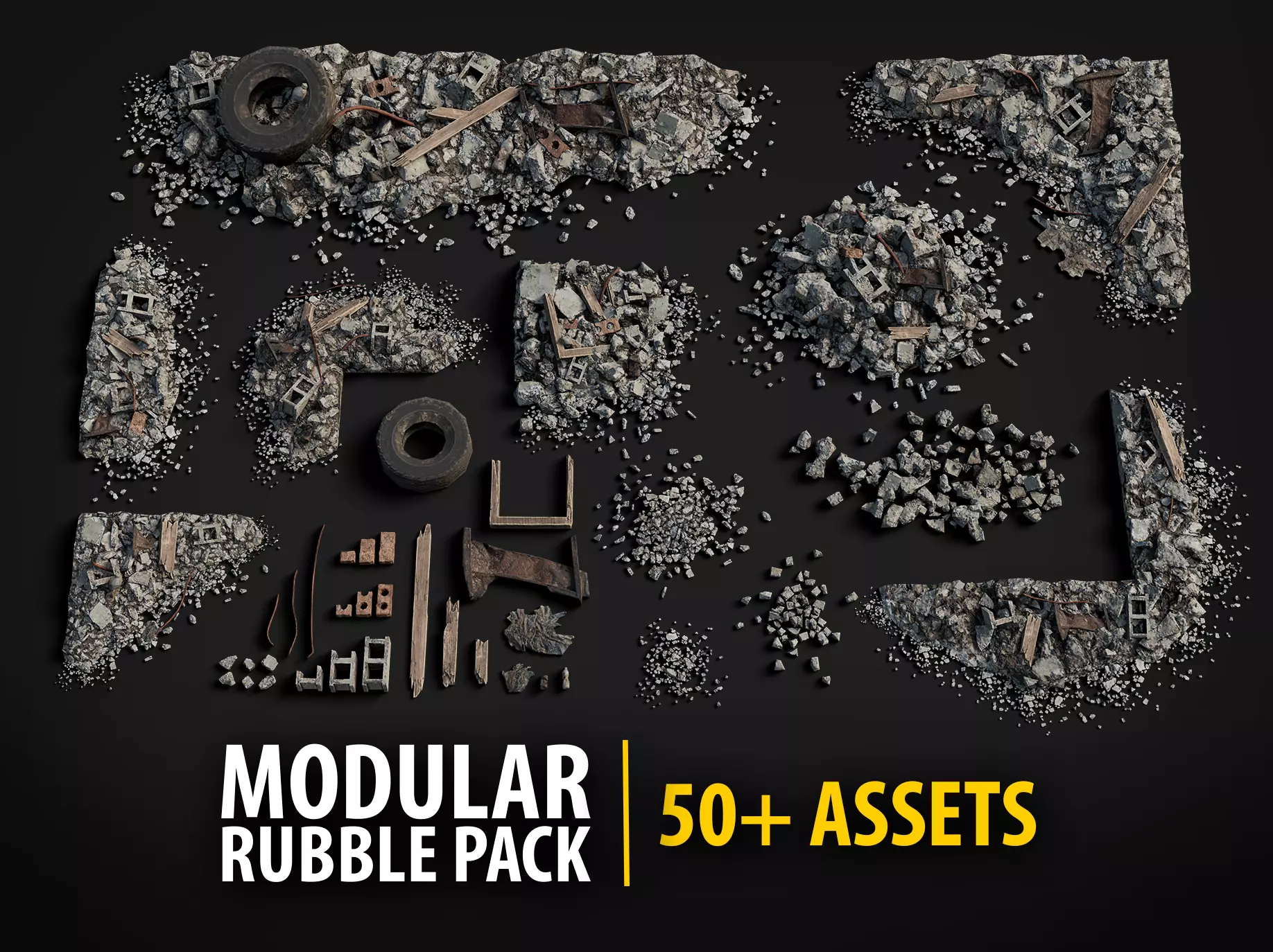 Modular Concrete Debris Pack - 58 Assets PBR Game Ready Low-poly 3D model