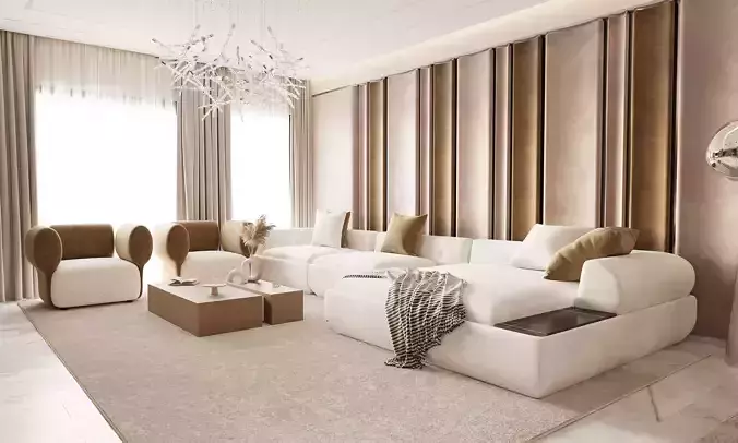 Warm Luxe Wood Living Room 3D model 3