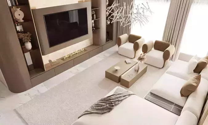 Warm Luxe Wood Living Room 3D model 5