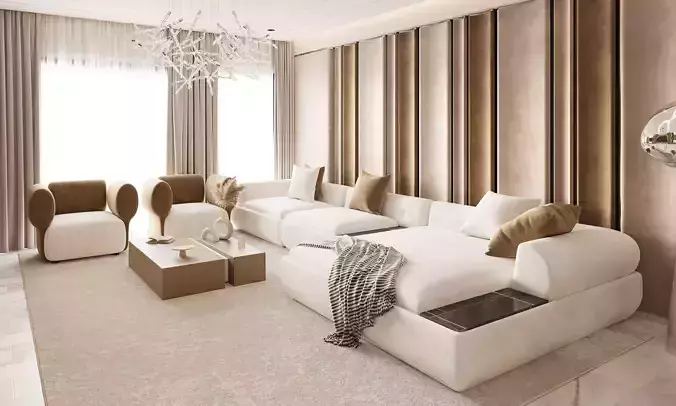 Warm Luxe Wood Living Room 3D model 4