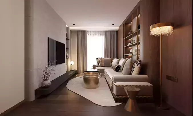 Warm Luxe Wood Living Room 3D model 2