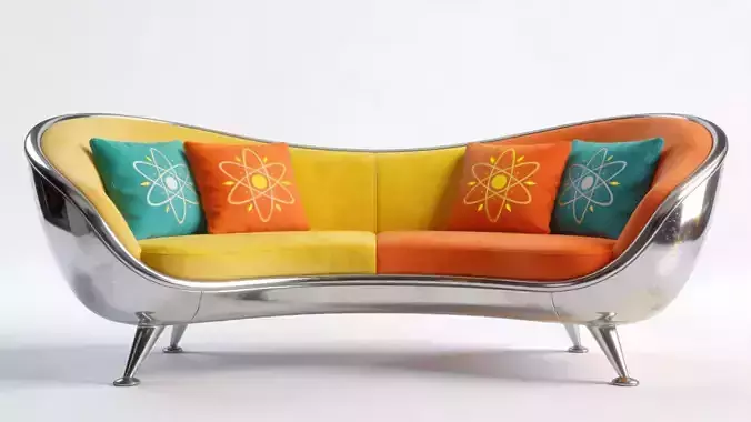 Vintage Atompunk Curved Chrome Sofa 3D Model