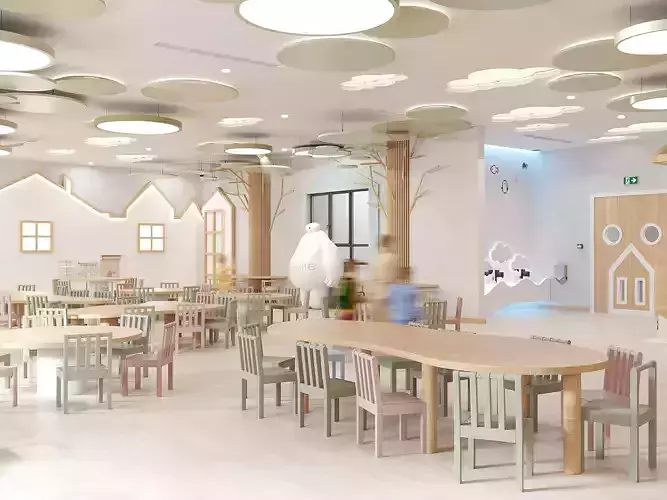Warm Minimalist Kindergarten Dining Room Interior