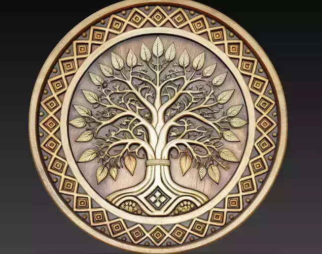 Sacred Tree of Life Medallion 3D Model Celtic Decorative Relief
