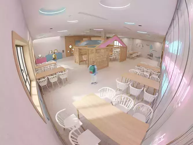 Modern School Canteen Interior with Creative Wooden Architecture