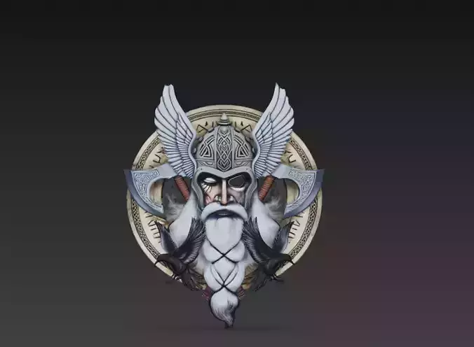Winged Viking Warrior Emblem 3D Model Norse Axe Crest