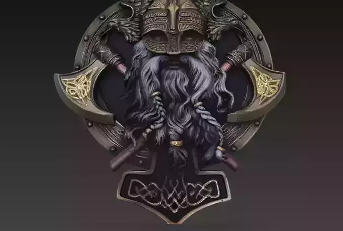 Viking Warrior Shield Emblem 3D Model Norse Axe Crest