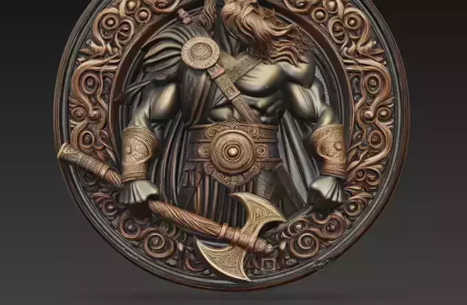 Viking Warrior Axe Coin Relief 3D Model Norse Medallion