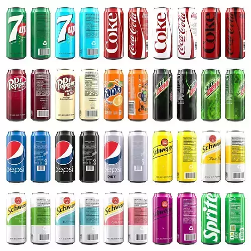 A set of 20 types of sodas aluminum cans Low-poly 3D model