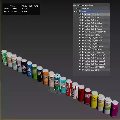 A set of 20 types of sodas aluminum cans Low-poly 3D model 6