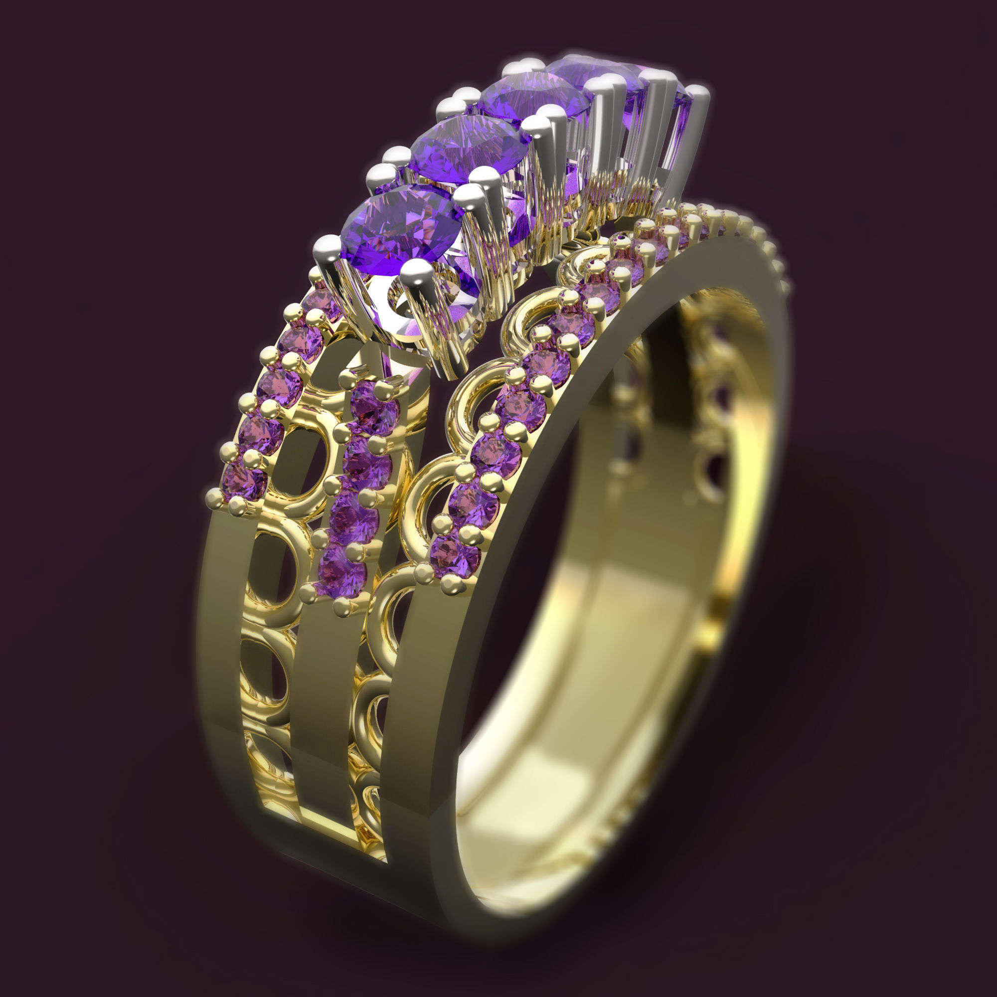 Ring amethyst with stones 3D print model_1