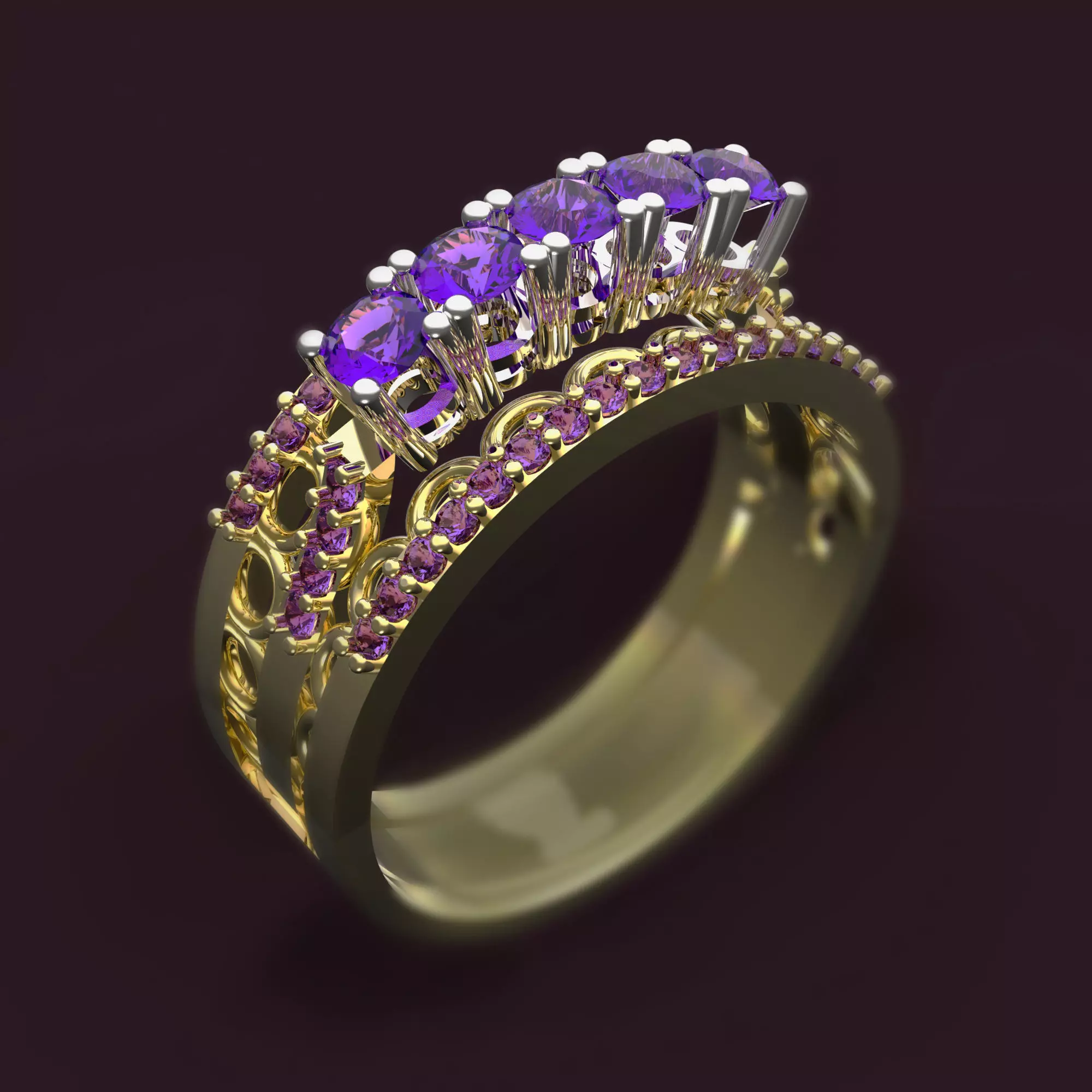 Ring amethyst with stones 3D print model_0