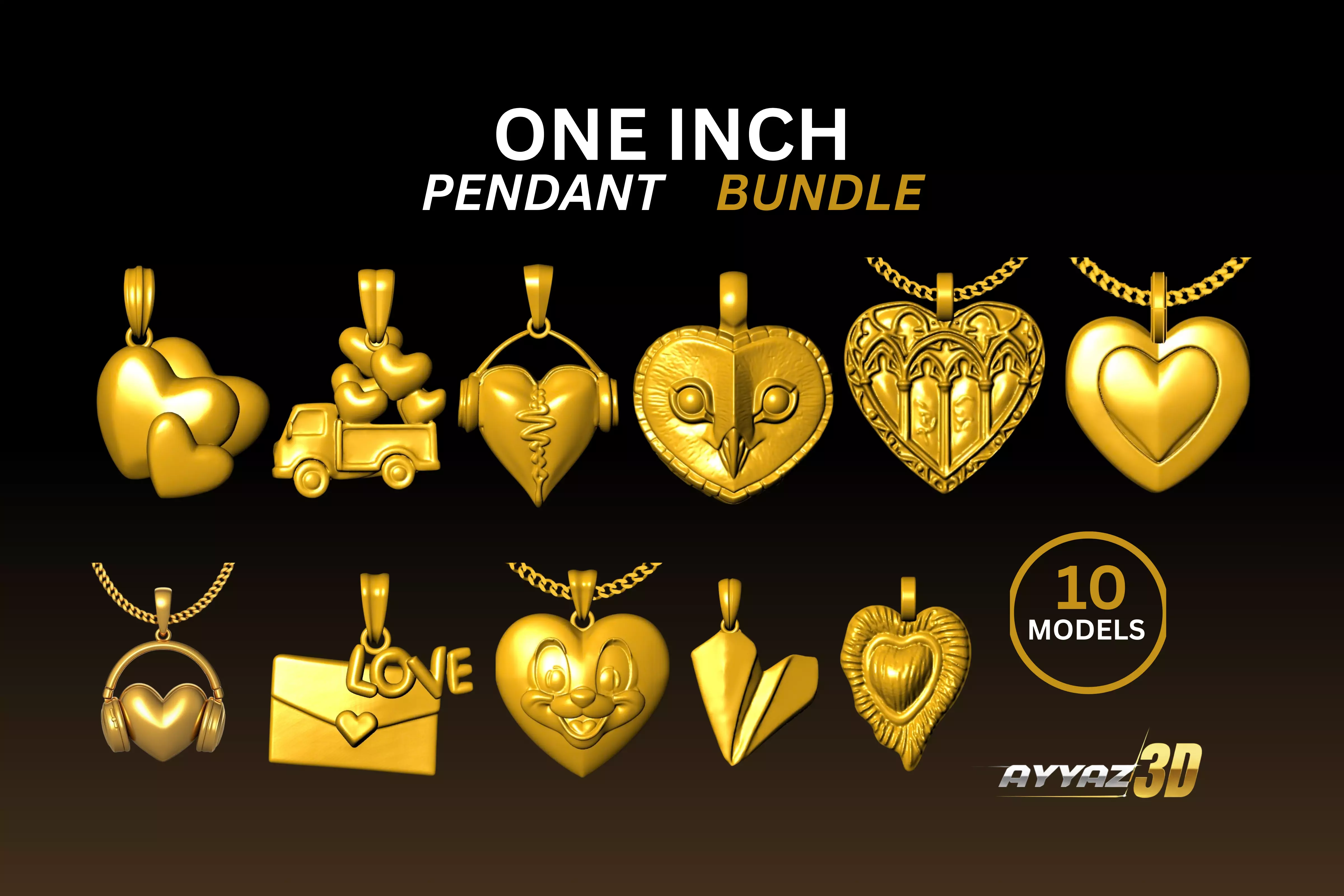 One Inch Love Pendant Bundle - 10 Romantic Heart Charms 3D print model