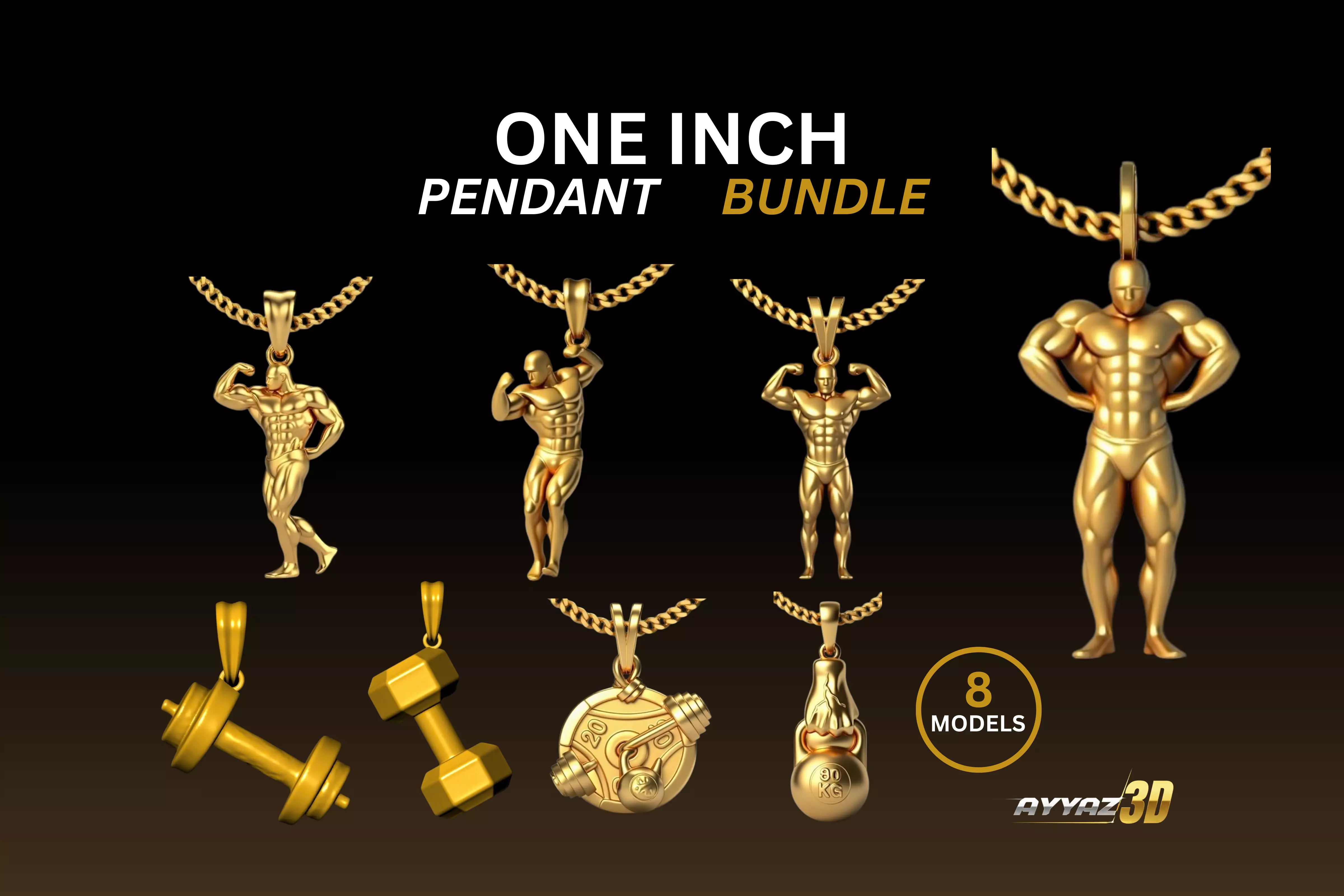 One Inch Pendant Gym Bundle - Bodybuilder - Fitness Charms 3D print model