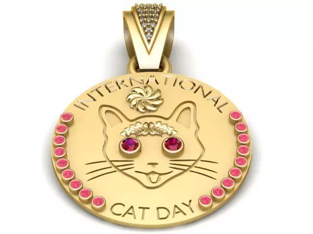 International Cat Day Gold Medallion Pendant 3D print model
