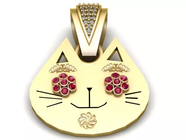 Gold Geometric Cat Face Pendant with Ruby 3D print model