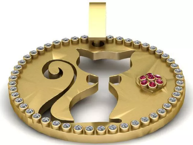 Gold Cat Silhouette Medallion with Ruby Heart and Diamond Halo 3D print model