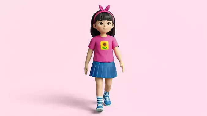Stylized Cartoon Girl Character Rigged and Animated