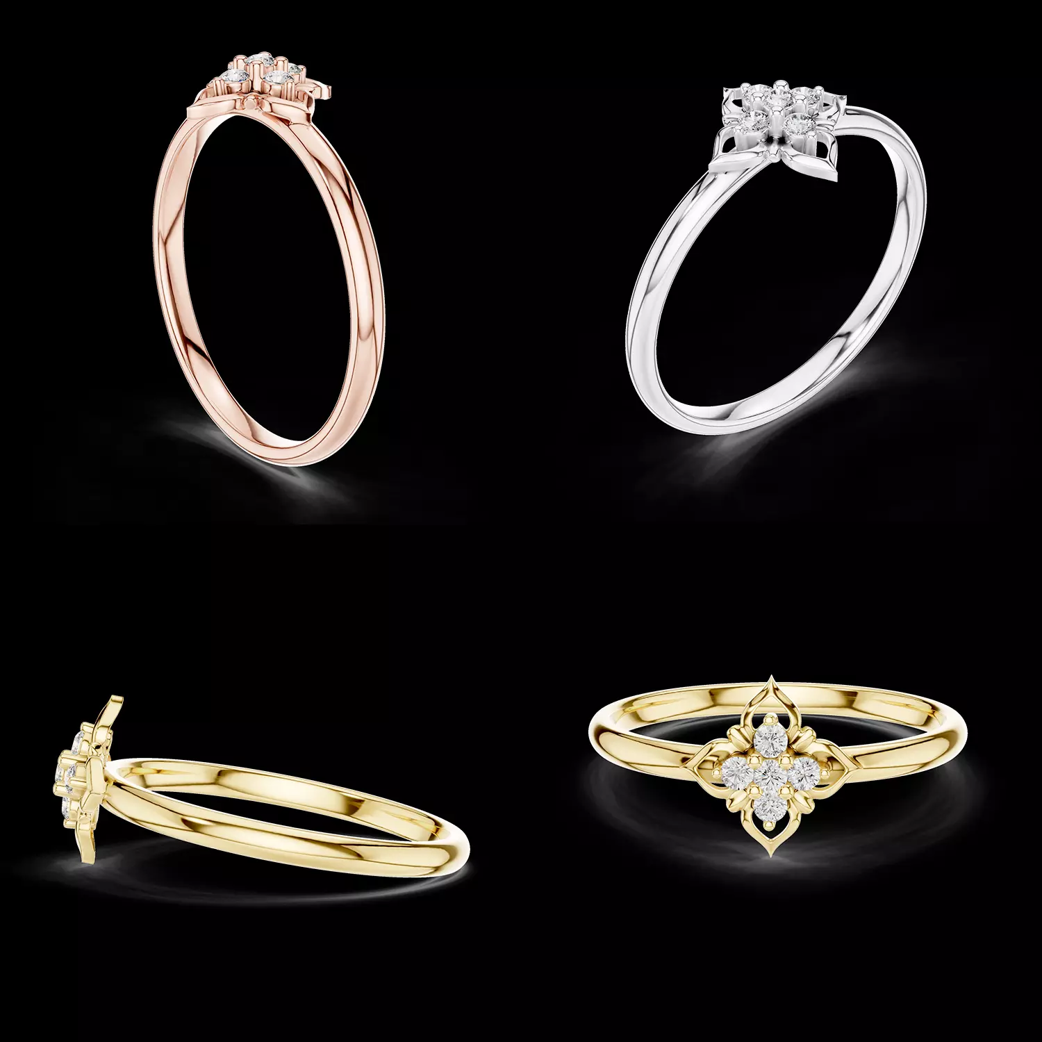 Four Diamond Floral Vintage Ring 3D CAD Model STL 3D print model