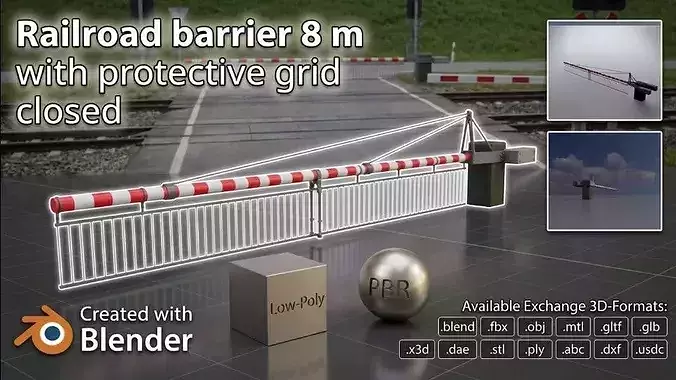 Railway Crossing Barrier 8 m with protective grid closed 